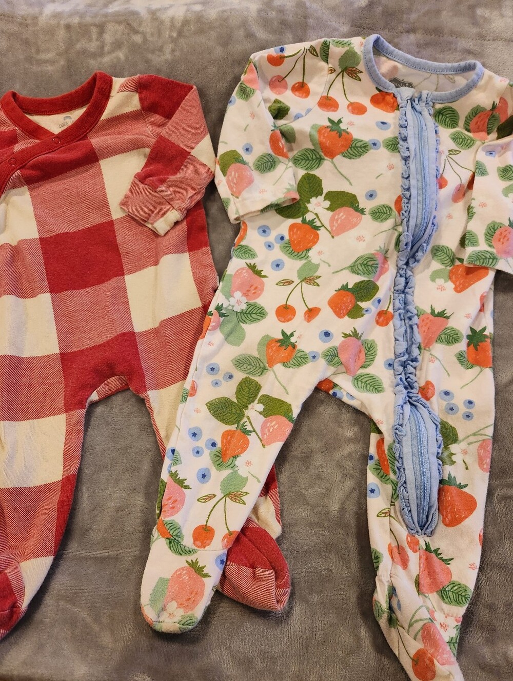 Baby Footie Bundle - Red Plaid & Fruit Print, Size 6-9M